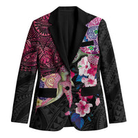 Hawaiian Couple Turtles Honi Blazer Polynesian Art Motifs and Hibiscus Black Red Color LT03 Unisex Black - Polynesian Pride