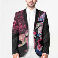 Hawaiian Couple Turtles Honi Blazer Polynesian Art Motifs and Hibiscus Black Red Color LT03 - Polynesian Pride