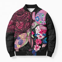 Hawaiian Couple Turtles Honi Bomber Puffer Jacket Polynesian Art Motifs and Hibiscus Black Red Color LT03 Unisex Black - Polynesian Pride