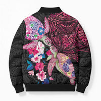 Hawaiian Couple Turtles Honi Bomber Puffer Jacket Polynesian Art Motifs and Hibiscus Black Red Color LT03 - Polynesian Pride