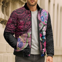 Hawaiian Couple Turtles Honi Bomber Puffer Jacket Polynesian Art Motifs and Hibiscus Black Red Color LT03 - Polynesian Pride