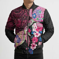 Hawaiian Couple Turtles Honi Bomber Puffer Jacket Polynesian Art Motifs and Hibiscus Black Red Color LT03 - Polynesian Pride