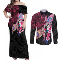 Hawaiian Couple Turtles Honi Couples Matching Off Shoulder Maxi Dress and Long Sleeve Button Shirt Polynesian Art Motifs and Hibiscus Black Red Color LT03 Black - Polynesian Pride