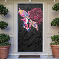 Hawaiian Couple Turtles Honi Door Cover Polynesian Art Motifs and Hibiscus Black Red Color LT03 Black - Polynesian Pride