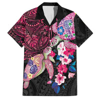Hawaiian Couple Turtles Honi Family Matching Off The Shoulder Long Sleeve Dress and Hawaiian Shirt Polynesian Art Motifs and Hibiscus Black Red Color LT03 Dad's Shirt - Short Sleeve Black - Polynesian Pride