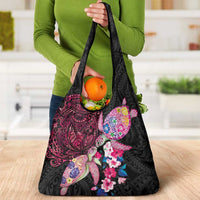 Hawaiian Couple Turtles Honi Grocery Bag Polynesian Art Motifs and Hibiscus Black Red Color LT03 - Polynesian Pride