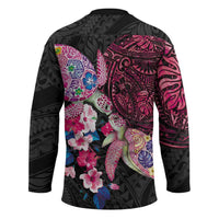 Hawaiian Couple Turtles Honi Hockey Jersey Polynesian Art Motifs and Hibiscus Black Red Color LT03 - Polynesian Pride