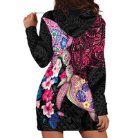Hawaiian Couple Turtles Honi Hoodie Dress Polynesian Art Motifs and Hibiscus Black Red Color LT03 - Polynesian Pride