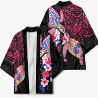 Hawaiian Couple Turtles Honi Kimono Polynesian Art Motifs and Hibiscus Black Red Color LT03 - Polynesian Pride