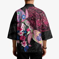 Hawaiian Couple Turtles Honi Kimono Polynesian Art Motifs and Hibiscus Black Red Color LT03 - Polynesian Pride