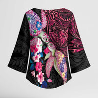 Hawaiian Couple Turtles Honi Kimono Sleeve Blouse Polynesian Art Motifs and Hibiscus Black Red Color LT03 - Polynesian Pride