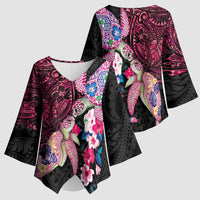 Hawaiian Couple Turtles Honi Kimono Sleeve Blouse Polynesian Art Motifs and Hibiscus Black Red Color LT03 - Polynesian Pride