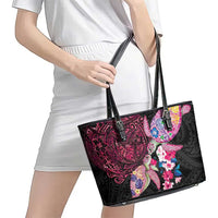 Hawaiian Couple Turtles Honi Leather Tote Bag Polynesian Art Motifs and Hibiscus Black Red Color LT03 - Polynesian Pride