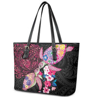 Hawaiian Couple Turtles Honi Leather Tote Bag Polynesian Art Motifs and Hibiscus Black Red Color LT03 - Polynesian Pride