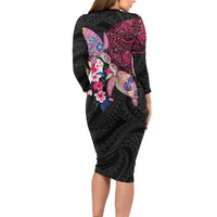 Hawaiian Couple Turtles Honi Long Sleeve Bodycon Dress Polynesian Art Motifs and Hibiscus Black Red Color LT03 - Polynesian Pride