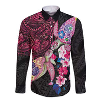 Hawaiian Couple Turtles Honi Long Sleeve Button Shirt Polynesian Art Motifs and Hibiscus Black Red Color LT03 Unisex Black - Polynesian Pride
