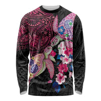 Hawaiian Couple Turtles Honi Long Sleeve Shirt Polynesian Art Motifs and Hibiscus Black Red Color LT03 Unisex Black - Polynesian Pride