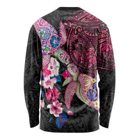 Hawaiian Couple Turtles Honi Long Sleeve Shirt Polynesian Art Motifs and Hibiscus Black Red Color LT03 - Polynesian Pride