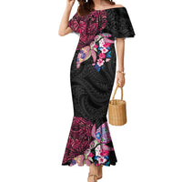 Hawaiian Couple Turtles Honi Mermaid Dress Polynesian Art Motifs and Hibiscus Black Red Color LT03 Women Black - Polynesian Pride