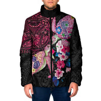 Hawaiian Couple Turtles Honi Padded Jacket Polynesian Art Motifs and Hibiscus Black Red Color LT03 Men Black - Polynesian Pride
