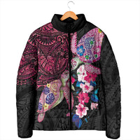 Hawaiian Couple Turtles Honi Padded Jacket Polynesian Art Motifs and Hibiscus Black Red Color LT03 - Polynesian Pride