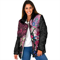 Hawaiian Couple Turtles Honi Padded Jacket Polynesian Art Motifs and Hibiscus Black Red Color LT03 Women Black - Polynesian Pride