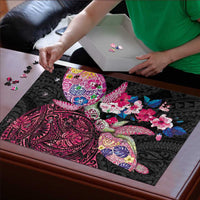 Hawaiian Couple Turtles Honi Puzzle Polynesian Art Motifs and Hibiscus Black Red Color LT03 - Polynesian Pride