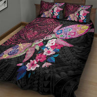 Hawaiian Couple Turtles Honi Quilt Bed Set Polynesian Art Motifs and Hibiscus Black Red Color LT03 - Polynesian Pride