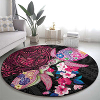 Hawaiian Couple Turtles Honi Round Carpet Polynesian Art Motifs and Hibiscus Black Red Color LT03 - Polynesian Pride