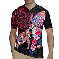 Hawaiian Couple Turtles Honi Rugby Jersey Polynesian Art Motifs and Hibiscus Black Red Color LT03 - Polynesian Pride