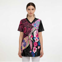 Hawaiian Couple Turtles Honi Scrub Top Polynesian Art Motifs and Hibiscus Black Red Color LT03 - Polynesian Pride