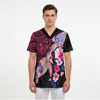 Hawaiian Couple Turtles Honi Scrub Top Polynesian Art Motifs and Hibiscus Black Red Color LT03 - Polynesian Pride