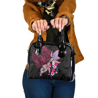 Hawaiian Couple Turtles Honi Shoulder Handbag Polynesian Art Motifs and Hibiscus Black Red Color LT03 One Size Black - Polynesian Pride