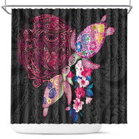 Hawaiian Couple Turtles Honi Shower Curtain Polynesian Art Motifs and Hibiscus Black Red Color LT03 Black - Polynesian Pride