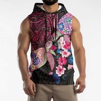 Hawaiian Couple Turtles Honi Sleeveless Hoodie Polynesian Art Motifs and Hibiscus Black Red Color LT03 - Polynesian Pride