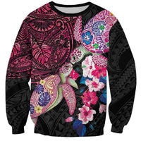 Hawaiian Couple Turtles Honi Sweatshirt Polynesian Art Motifs and Hibiscus Black Red Color LT03 Unisex Black - Polynesian Pride