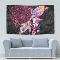 Hawaiian Couple Turtles Honi Tapestry Polynesian Art Motifs and Hibiscus Black Red Color LT03 - Polynesian Pride