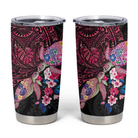 Hawaiian Couple Turtles Honi Tumbler Cup Polynesian Art Motifs and Hibiscus Black Red Color LT03 Black - Polynesian Pride