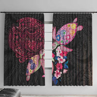 Hawaiian Couple Turtles Honi Window Curtain Polynesian Art Motifs and Hibiscus Black Red Color LT03 With Hooks Black - Polynesian Pride