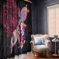 Hawaiian Couple Turtles Honi Window Curtain Polynesian Art Motifs and Hibiscus Black Red Color LT03 - Polynesian Pride