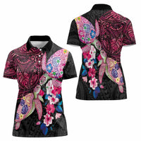 Hawaiian Couple Turtles Honi Women Polo Shirt Polynesian Art Motifs and Hibiscus Black Red Color LT03 - Polynesian Pride