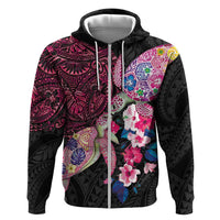 Hawaiian Couple Turtles Honi Zip Hoodie Polynesian Art Motifs and Hibiscus Black Red Color LT03 Zip Hoodie Black - Polynesian Pride
