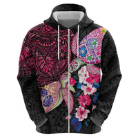 Hawaiian Couple Turtles Honi Zip Hoodie Polynesian Art Motifs and Hibiscus Black Red Color LT03 - Polynesian Pride