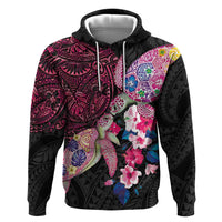 Hawaiian Couple Turtles Honi Zip Hoodie Polynesian Art Motifs and Hibiscus Black Red Color LT03 Pullover Hoodie Black - Polynesian Pride