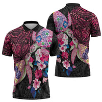 Hawaiian Couple Turtles Honi Zipper Polo Shirt Polynesian Art Motifs and Hibiscus Black Red Color LT03 - Polynesian Pride