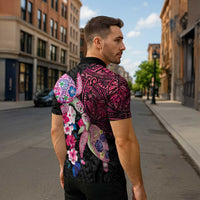 Hawaiian Couple Turtles Honi Zipper Polo Shirt Polynesian Art Motifs and Hibiscus Black Red Color LT03 - Polynesian Pride