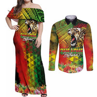 Hawaiian Reggae Couples Matching Off Shoulder Maxi Dress and Long Sleeve Button Shirt Jawaiian One Love-Tribal Tatoos and Rastafari Lion LT03 Multicolor - Polynesian Pride