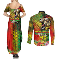 Hawaiian Reggae Couples Matching Summer Maxi Dress and Long Sleeve Button Shirt Jawaiian One Love-Tribal Tatoos and Rastafari Lion LT03 - Polynesian Pride