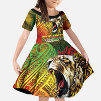Hawaiian Reggae Family Matching Short Sleeve Bodycon Dress and Hawaiian Shirt Jawaiian One Love-Tribal Tatoos and Rastafari Lion LT03 Daughter's Dress Multicolor - Polynesian Pride