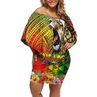 Hawaiian Reggae Off Shoulder Short Dress Jawaiian One Love-Tribal Tatoos and Rastafari Lion LT03 Women Multicolor - Polynesian Pride